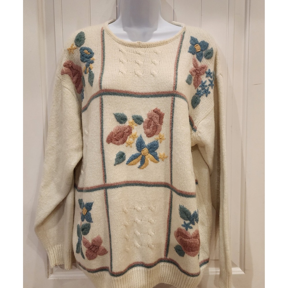 Vintage Alfred Dunner Sweater Womens 40 Floral Embroidered Cream Cottagecore